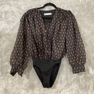 NWOT Zara Lipstick Florence Bodysuit women’s size S Black Semi Sheer Button Up